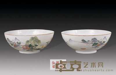 民国 粉彩山水薄胎碗（2件） 直径18cm